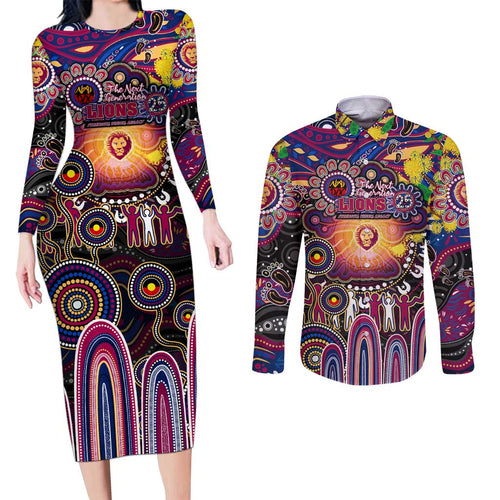 Personalised NAIDOC Week 2025 Lions Football Couples Matching Long Sleeve Bodycon Dress and Long Sleeve Button Shirt Aboriginal Dot Painting