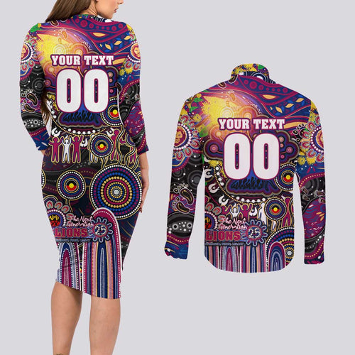 Personalised NAIDOC Week 2025 Lions Football Couples Matching Long Sleeve Bodycon Dress and Long Sleeve Button Shirt Aboriginal Dot Painting