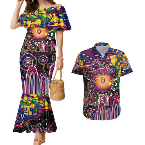 Personalised NAIDOC Week 2025 Lions Football Couples Matching Mermaid Dress and Hawaiian Shirt Aboriginal Dot Painting