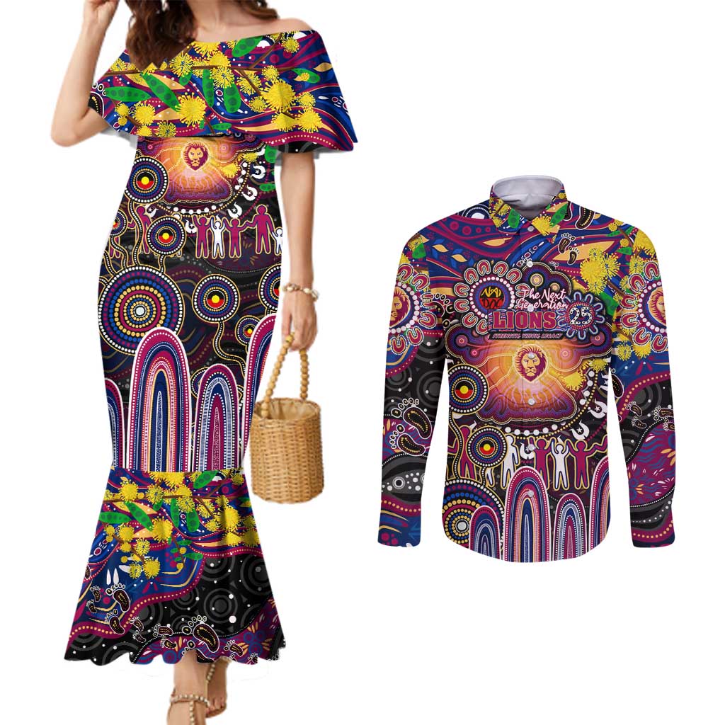 Personalised NAIDOC Week 2025 Lions Football Couples Matching Mermaid Dress and Long Sleeve Button Shirt Aboriginal Dot Painting