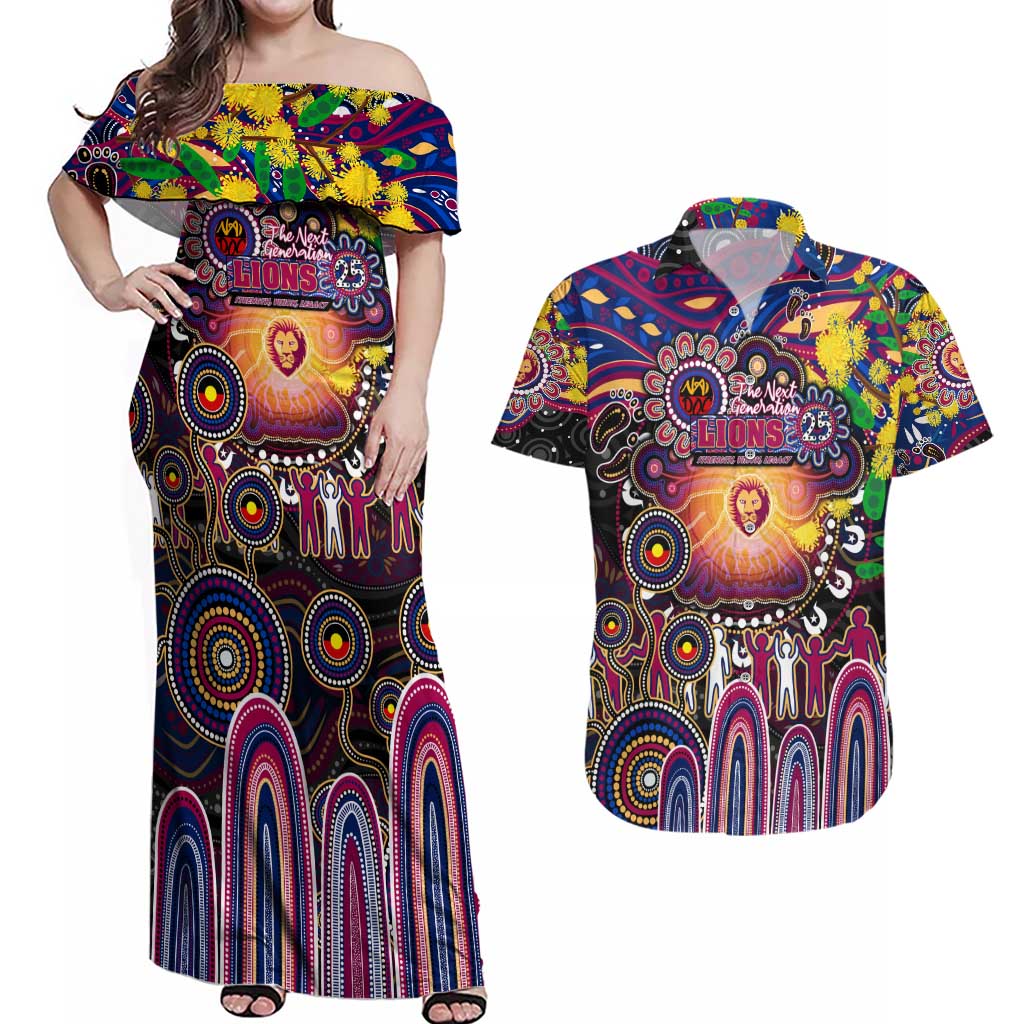 Personalised NAIDOC Week 2025 Lions Football Couples Matching Off Shoulder Maxi Dress and Hawaiian Shirt Aboriginal Dot Painting