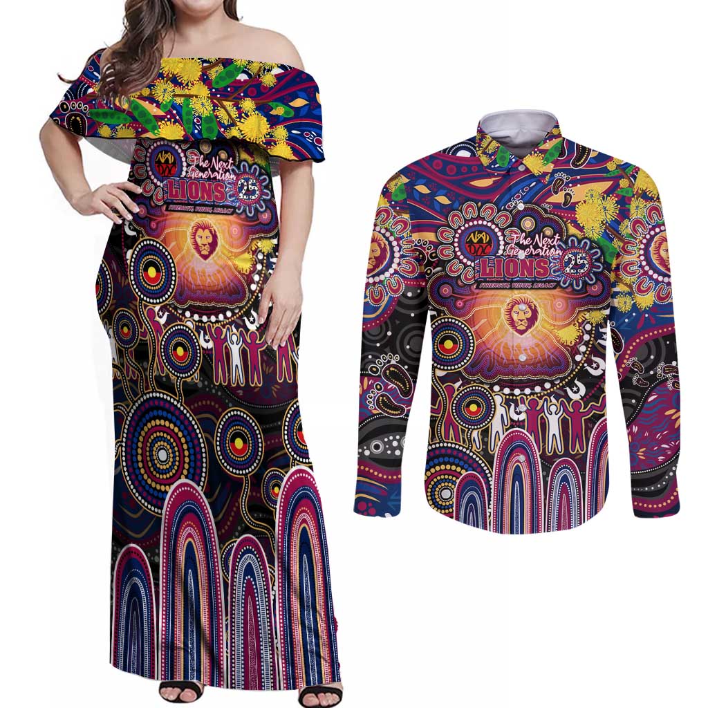 Personalised NAIDOC Week 2025 Lions Football Couples Matching Off Shoulder Maxi Dress and Long Sleeve Button Shirt Aboriginal Dot Painting