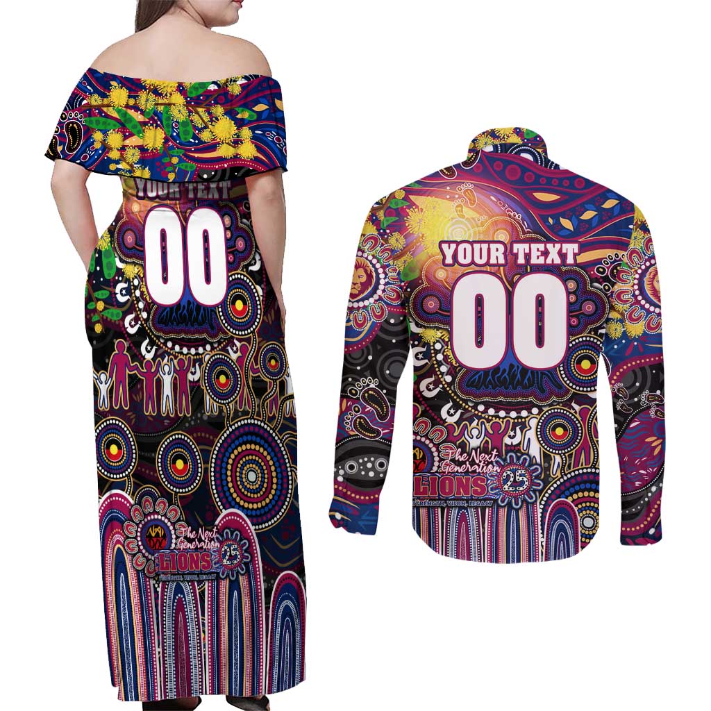 Personalised NAIDOC Week 2025 Lions Football Couples Matching Off Shoulder Maxi Dress and Long Sleeve Button Shirt Aboriginal Dot Painting