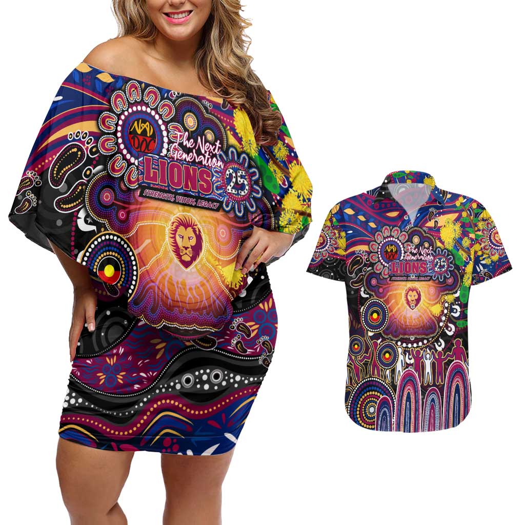 Personalised NAIDOC Week 2025 Lions Football Couples Matching Off Shoulder Short Dress and Hawaiian Shirt Aboriginal Dot Painting
