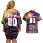 Personalised NAIDOC Week 2025 Lions Football Couples Matching Off Shoulder Short Dress and Hawaiian Shirt Aboriginal Dot Painting