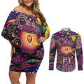 Personalised NAIDOC Week 2025 Lions Football Couples Matching Off Shoulder Short Dress and Long Sleeve Button Shirt Aboriginal Dot Painting