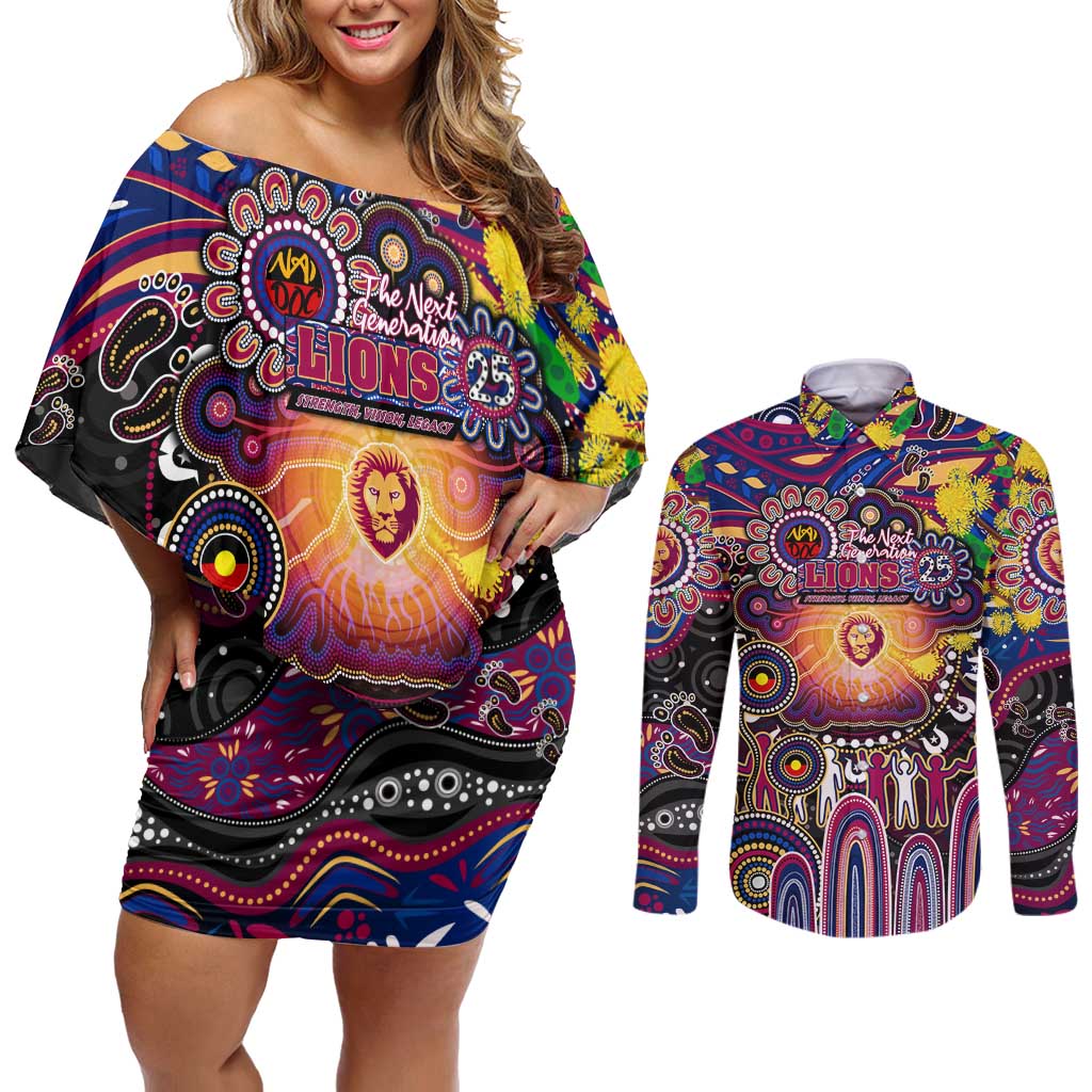 Personalised NAIDOC Week 2025 Lions Football Couples Matching Off Shoulder Short Dress and Long Sleeve Button Shirt Aboriginal Dot Painting