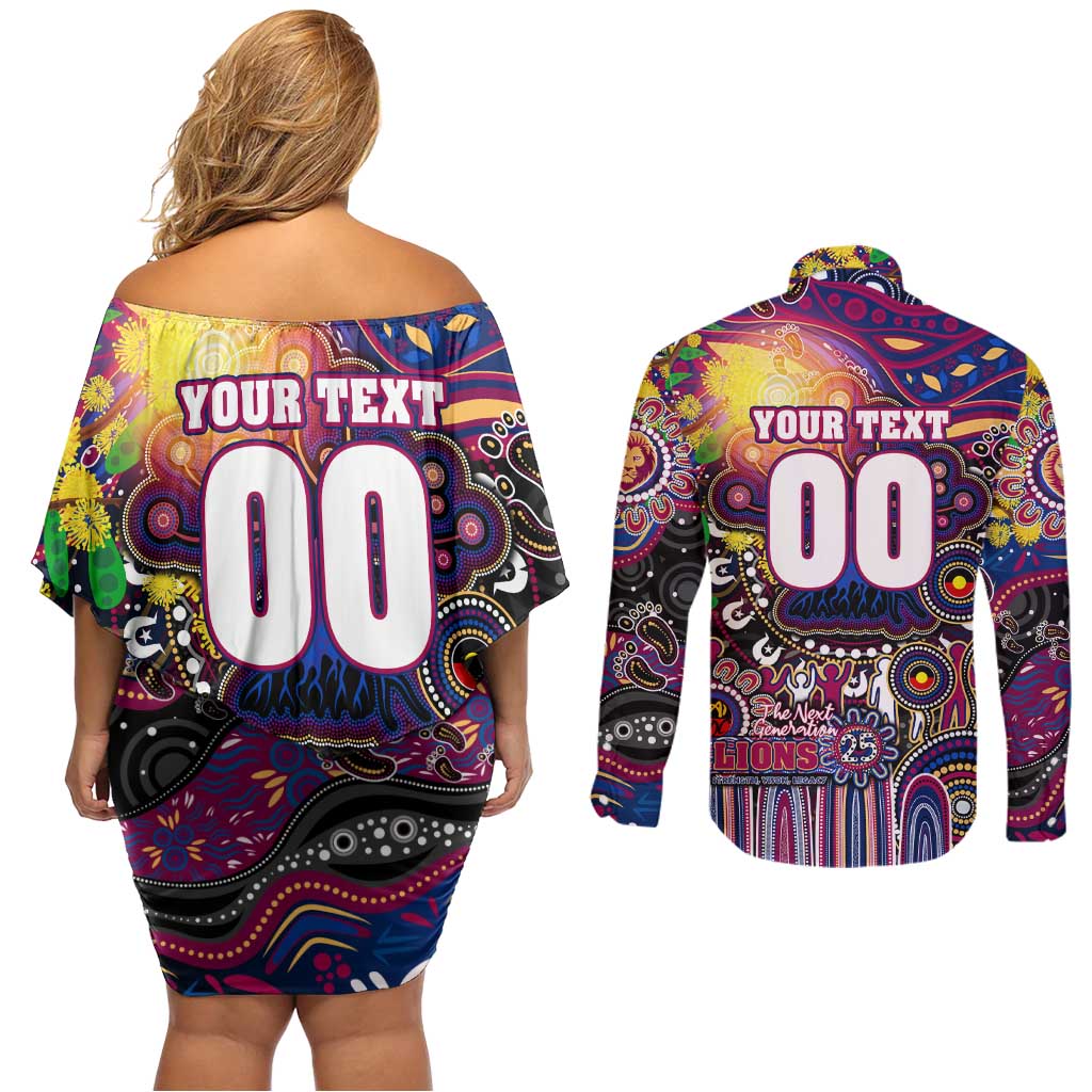 Personalised NAIDOC Week 2025 Lions Football Couples Matching Off Shoulder Short Dress and Long Sleeve Button Shirt Aboriginal Dot Painting
