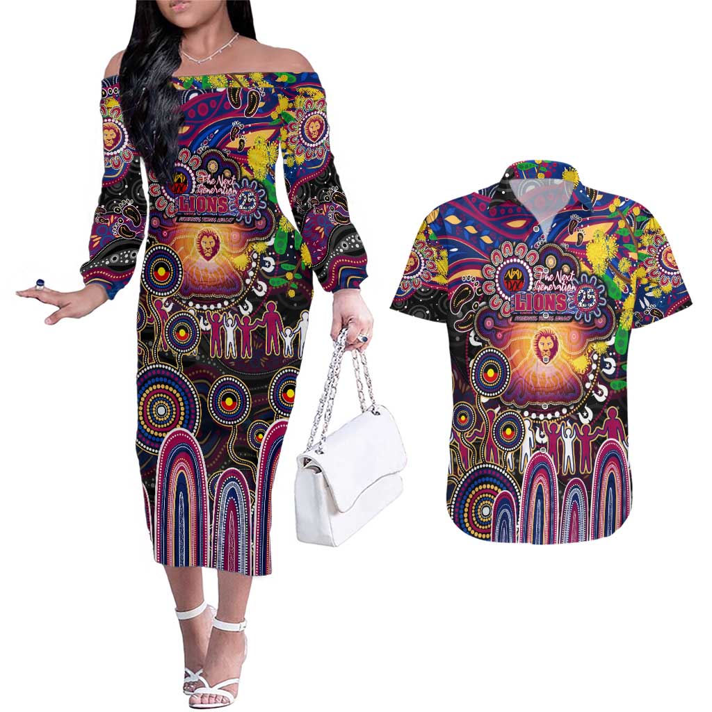 Personalised NAIDOC Week 2025 Lions Football Couples Matching Off The Shoulder Long Sleeve Dress and Hawaiian Shirt Aboriginal Dot Painting