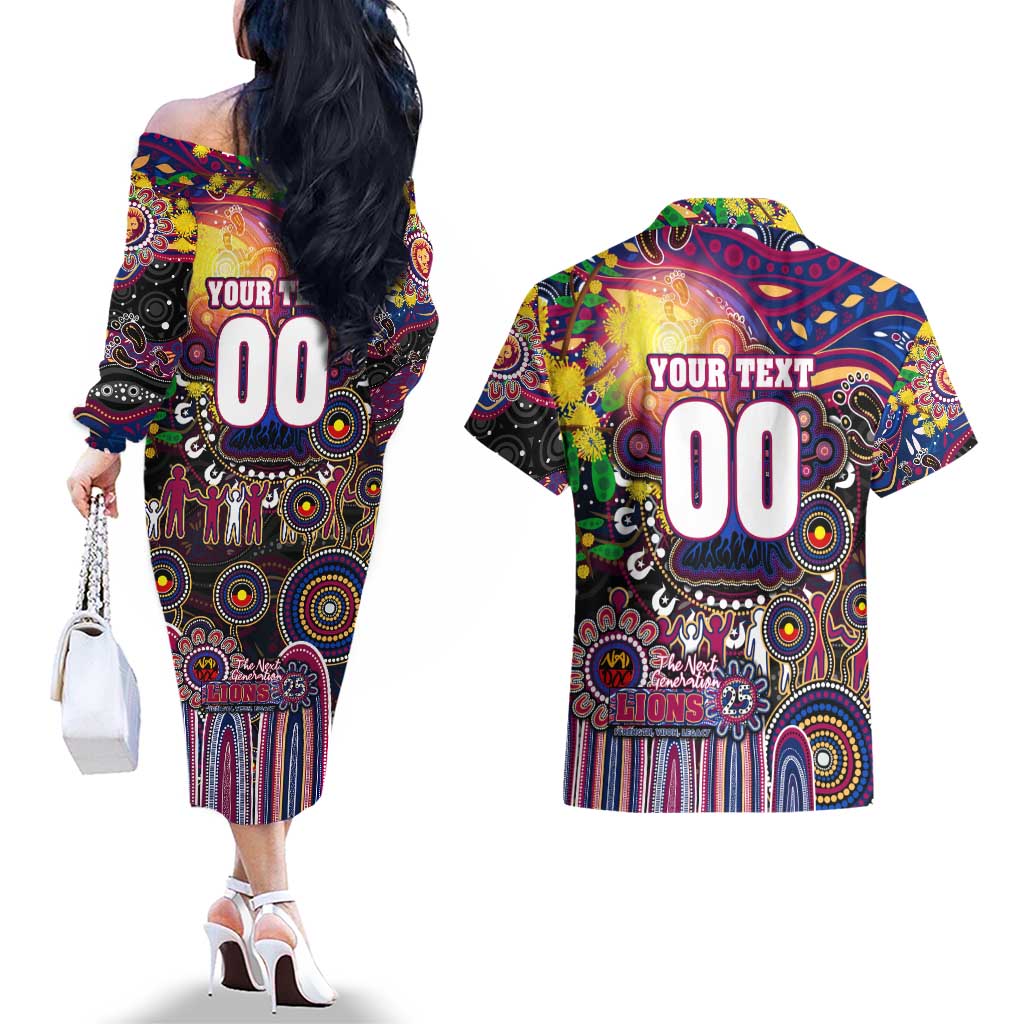 Personalised NAIDOC Week 2025 Lions Football Couples Matching Off The Shoulder Long Sleeve Dress and Hawaiian Shirt Aboriginal Dot Painting