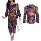 Personalised NAIDOC Week 2025 Lions Football Couples Matching Off The Shoulder Long Sleeve Dress and Long Sleeve Button Shirt Aboriginal Dot Painting