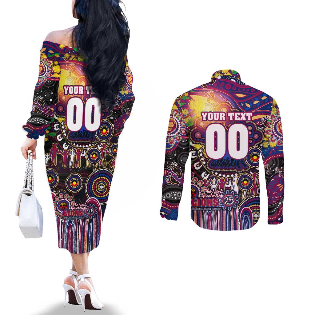 Personalised NAIDOC Week 2025 Lions Football Couples Matching Off The Shoulder Long Sleeve Dress and Long Sleeve Button Shirt Aboriginal Dot Painting
