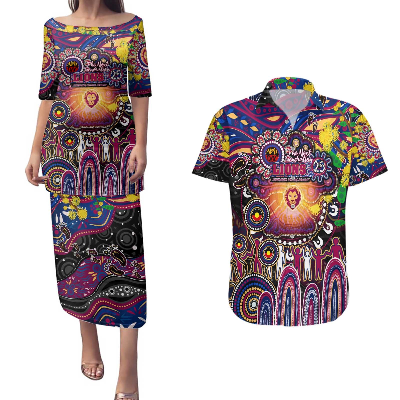 Personalised NAIDOC Week 2025 Lions Football Couples Matching Puletasi and Hawaiian Shirt Aboriginal Dot Painting