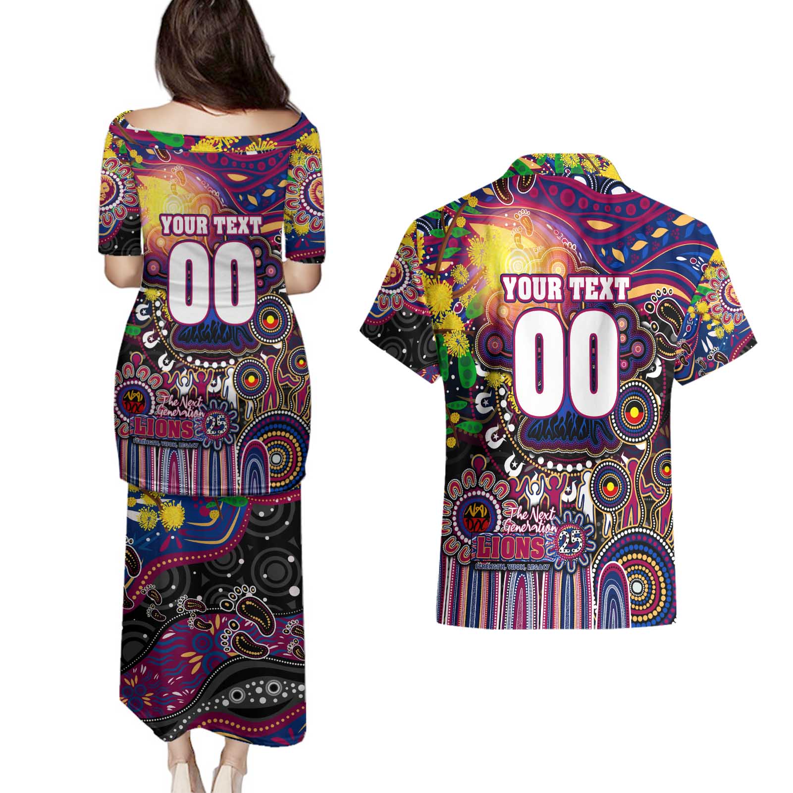 Personalised NAIDOC Week 2025 Lions Football Couples Matching Puletasi and Hawaiian Shirt Aboriginal Dot Painting