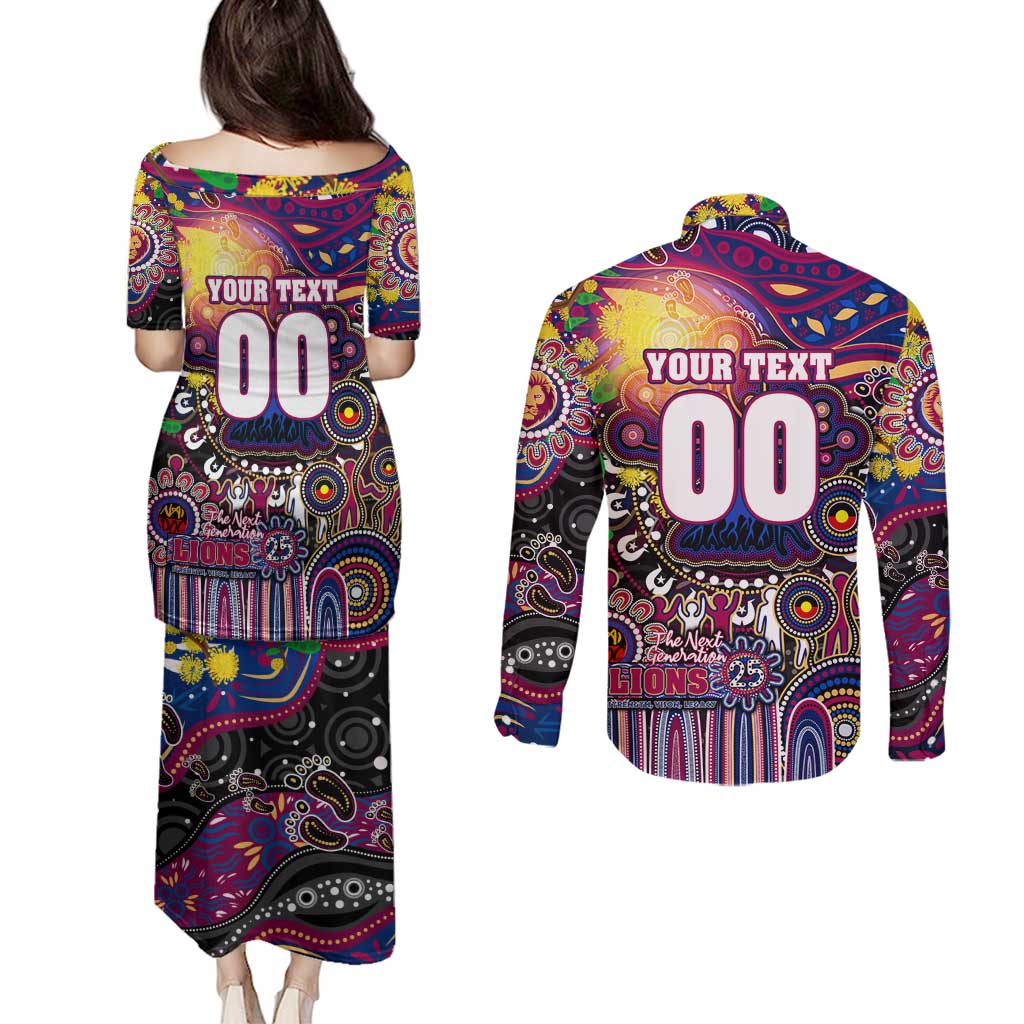 Personalised NAIDOC Week 2025 Lions Football Couples Matching Puletasi and Long Sleeve Button Shirt Aboriginal Dot Painting