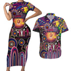 Personalised NAIDOC Week 2025 Lions Football Couples Matching Short Sleeve Bodycon Dress and Hawaiian Shirt Aboriginal Dot Painting