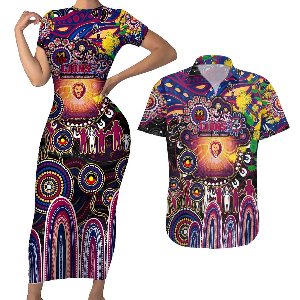 Personalised NAIDOC Week 2025 Lions Football Couples Matching Short Sleeve Bodycon Dress and Hawaiian Shirt Aboriginal Dot Painting