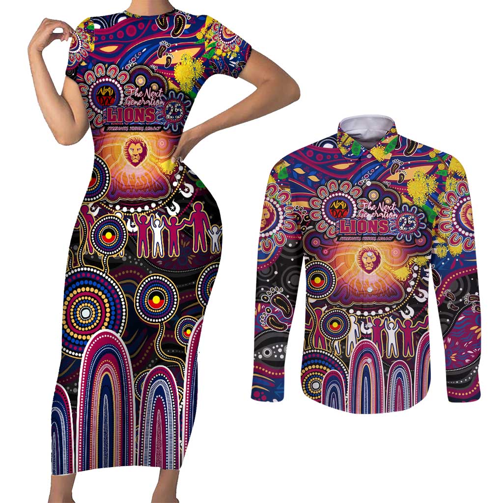 Personalised NAIDOC Week 2025 Lions Football Couples Matching Short Sleeve Bodycon Dress and Long Sleeve Button Shirt Aboriginal Dot Painting