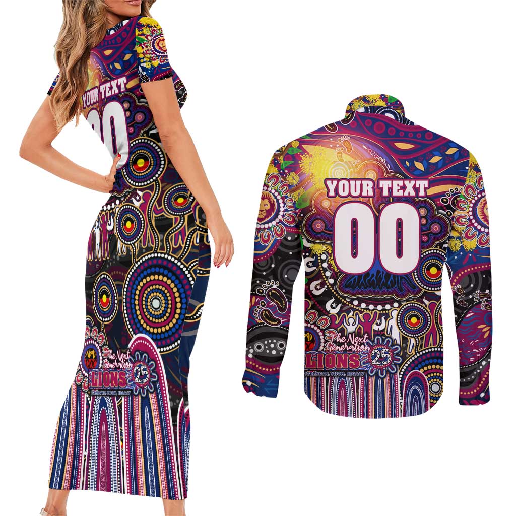 Personalised NAIDOC Week 2025 Lions Football Couples Matching Short Sleeve Bodycon Dress and Long Sleeve Button Shirt Aboriginal Dot Painting