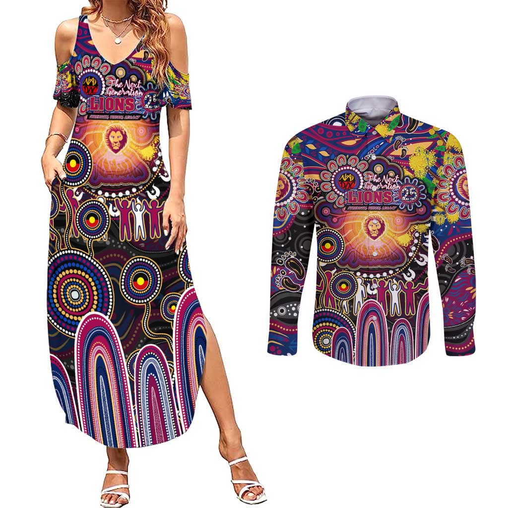 Personalised NAIDOC Week 2025 Lions Football Couples Matching Summer Maxi Dress and Long Sleeve Button Shirt Aboriginal Dot Painting