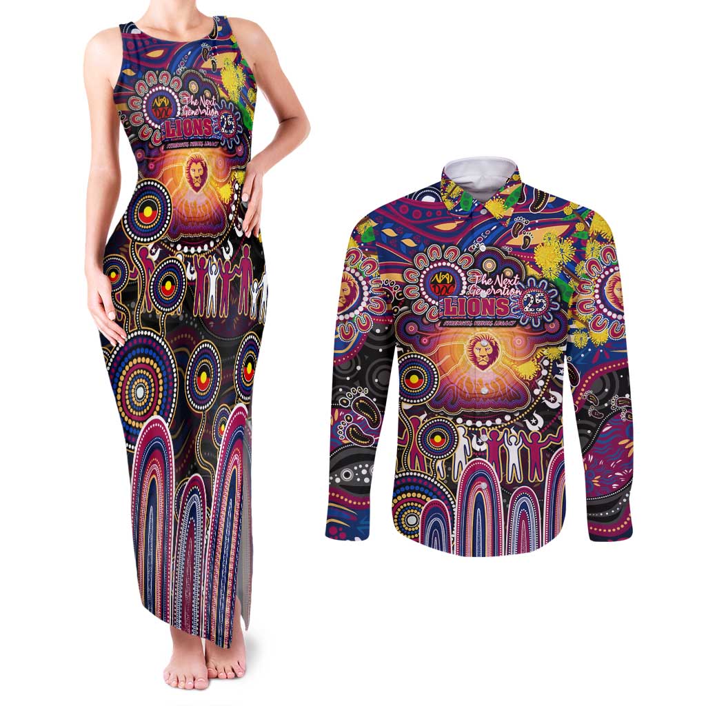 Personalised NAIDOC Week 2025 Lions Football Couples Matching Tank Maxi Dress and Long Sleeve Button Shirt Aboriginal Dot Painting