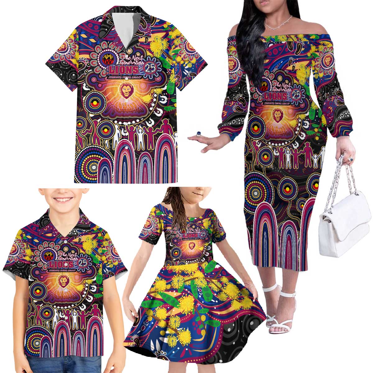 Personalised NAIDOC Week 2025 Lions Football Family Matching Off The Shoulder Long Sleeve Dress and Hawaiian Shirt Aboriginal Dot Painting