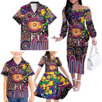 Personalised NAIDOC Week 2025 Lions Football Family Matching Off The Shoulder Long Sleeve Dress and Hawaiian Shirt Aboriginal Dot Painting
