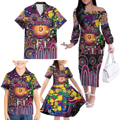 Personalised NAIDOC Week 2025 Lions Football Family Matching Off The Shoulder Long Sleeve Dress and Hawaiian Shirt Aboriginal Dot Painting