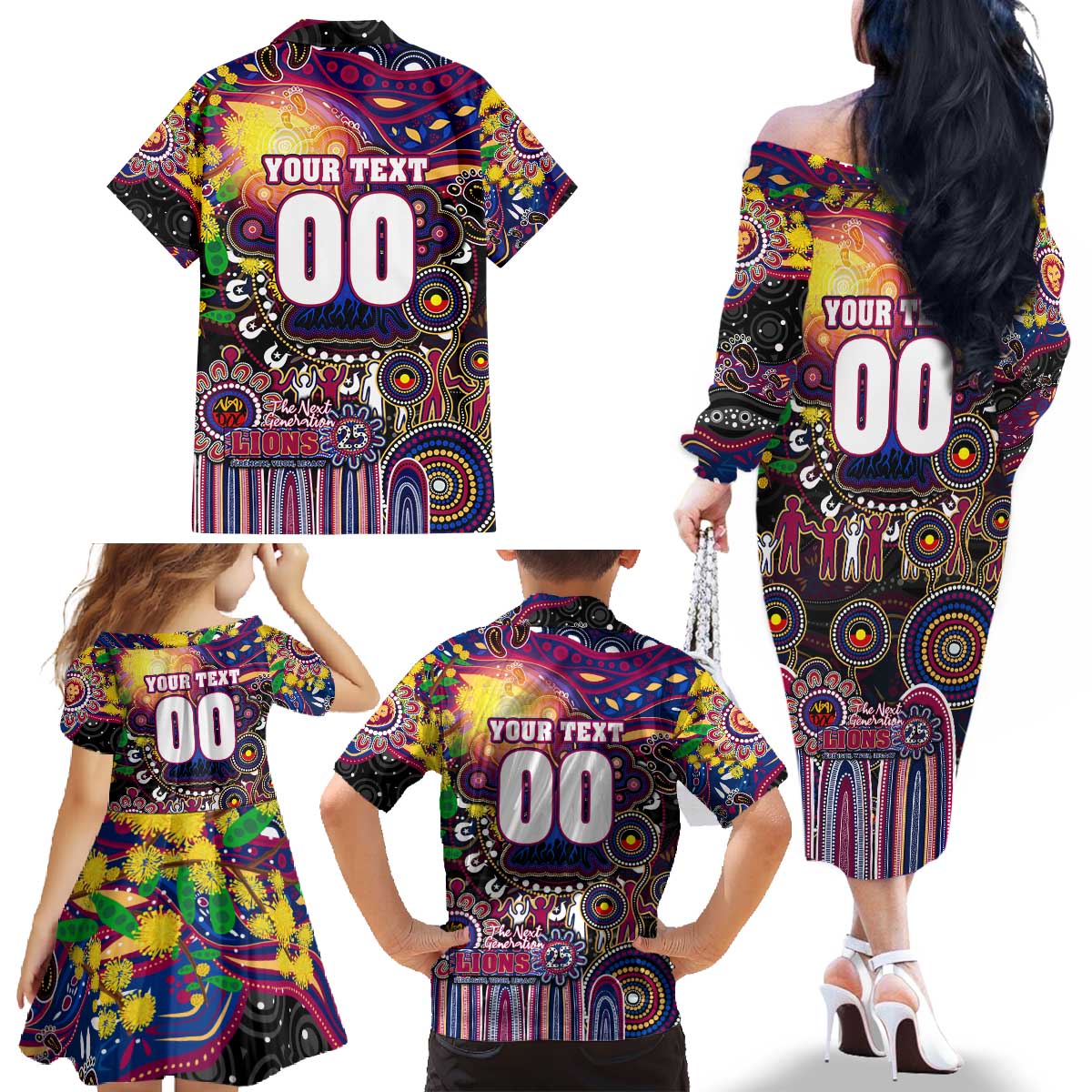 Personalised NAIDOC Week 2025 Lions Football Family Matching Off The Shoulder Long Sleeve Dress and Hawaiian Shirt Aboriginal Dot Painting