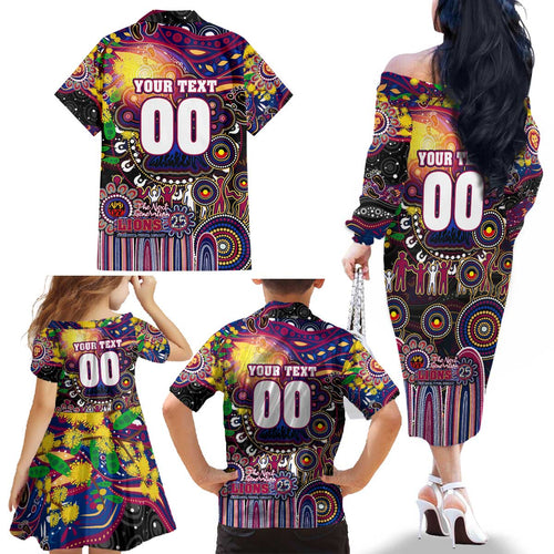 Personalised NAIDOC Week 2025 Lions Football Family Matching Off The Shoulder Long Sleeve Dress and Hawaiian Shirt Aboriginal Dot Painting