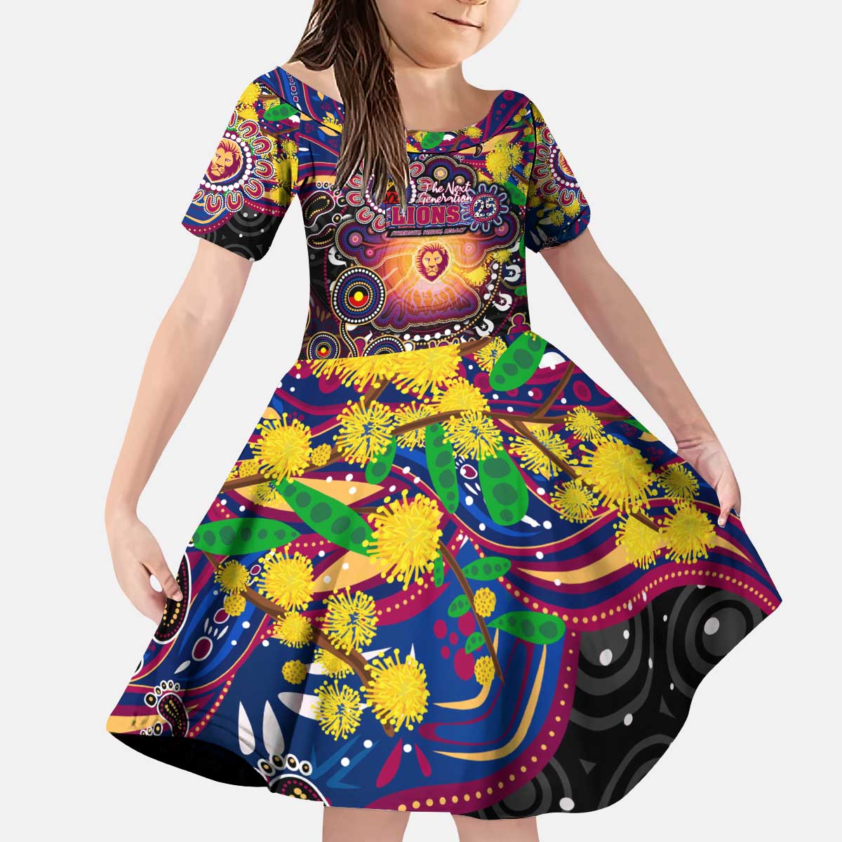 Personalised NAIDOC Week 2025 Lions Football Kid Short Sleeve Dress Aboriginal Dot Painting