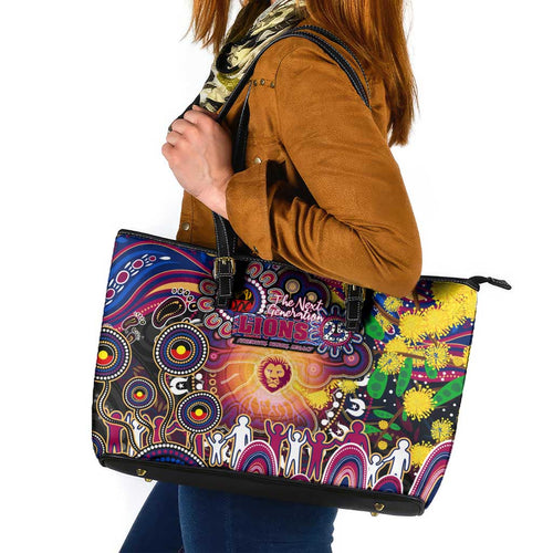 NAIDOC Week 2025 Lions Football Leather Tote Bag Aboriginal Dot Painting