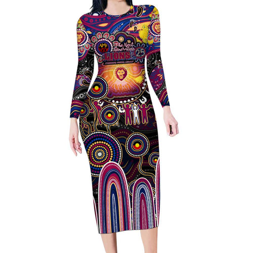 Personalised NAIDOC Week 2025 Lions Football Long Sleeve Bodycon Dress Aboriginal Dot Painting