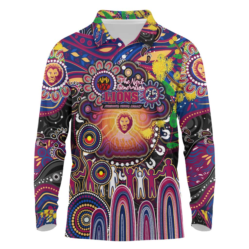 Personalised NAIDOC Week 2025 Lions Football Long Sleeve Polo Shirt Aboriginal Dot Painting