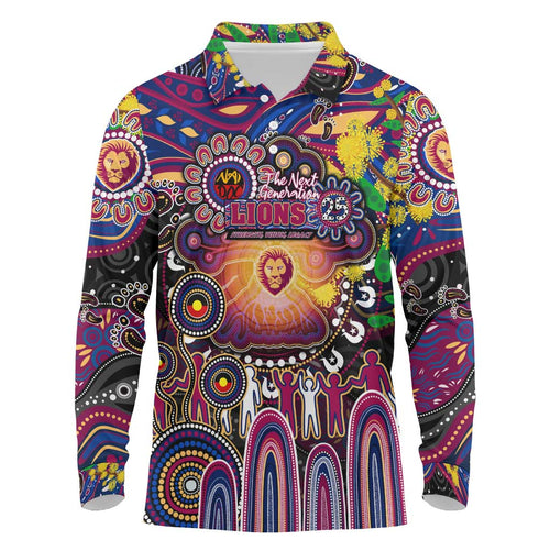 Personalised NAIDOC Week 2025 Lions Football Long Sleeve Polo Shirt Aboriginal Dot Painting