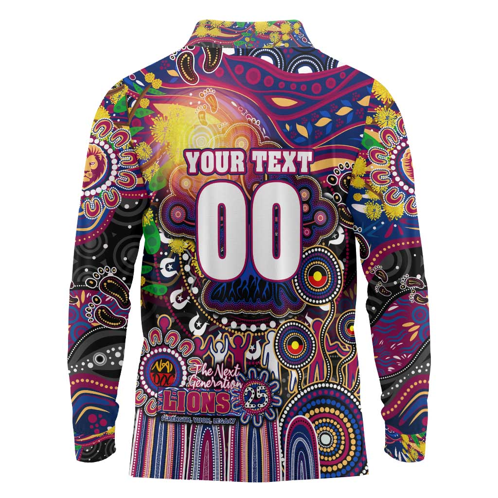 Personalised NAIDOC Week 2025 Lions Football Long Sleeve Polo Shirt Aboriginal Dot Painting