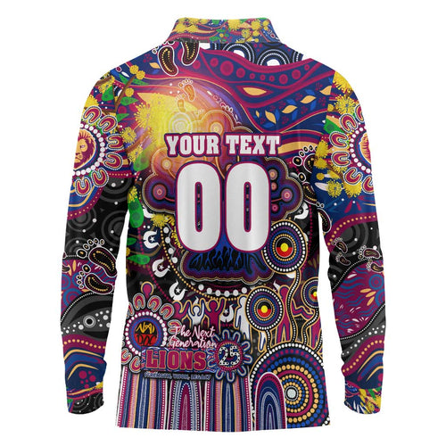 Personalised NAIDOC Week 2025 Lions Football Long Sleeve Polo Shirt Aboriginal Dot Painting