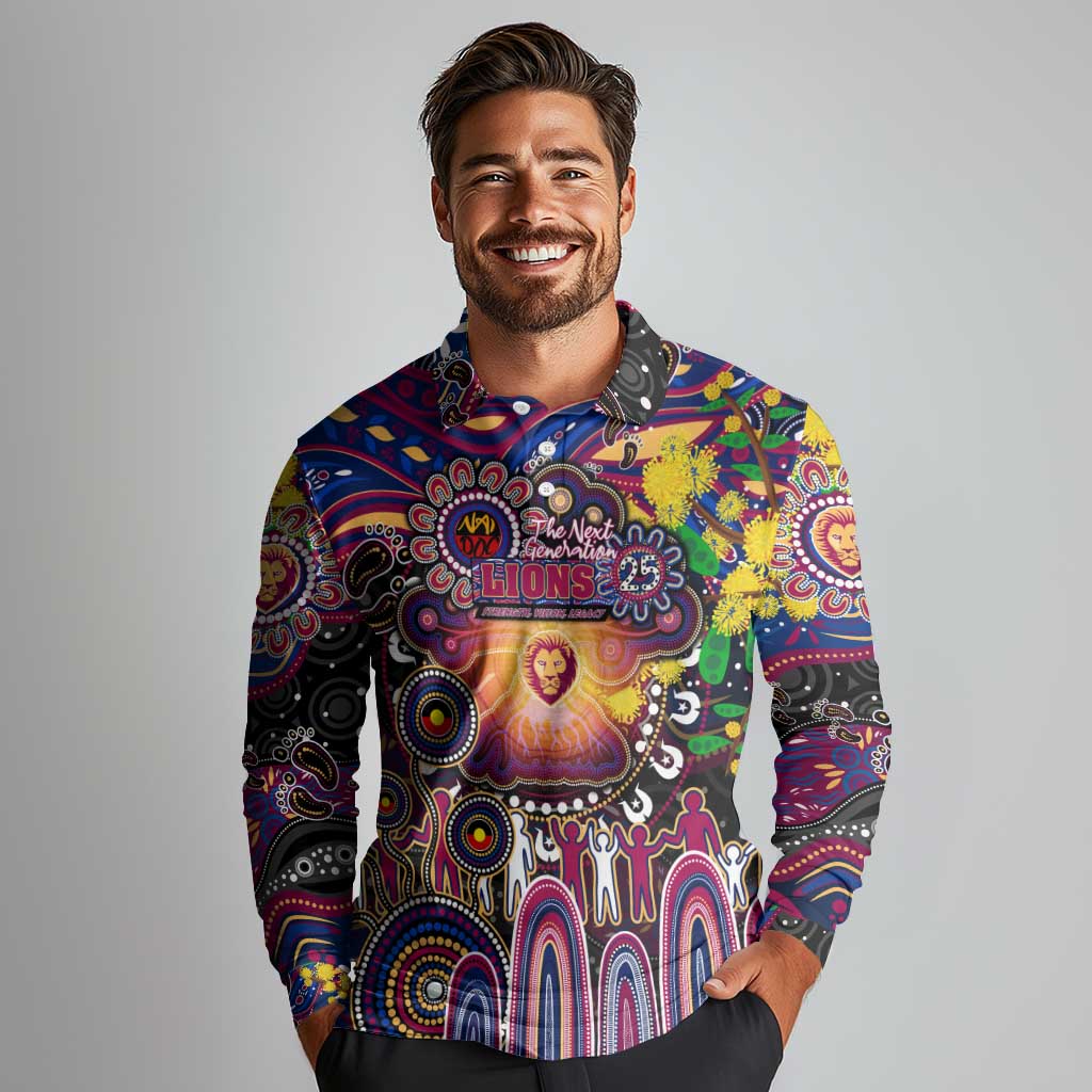 Personalised NAIDOC Week 2025 Lions Football Long Sleeve Polo Shirt Aboriginal Dot Painting