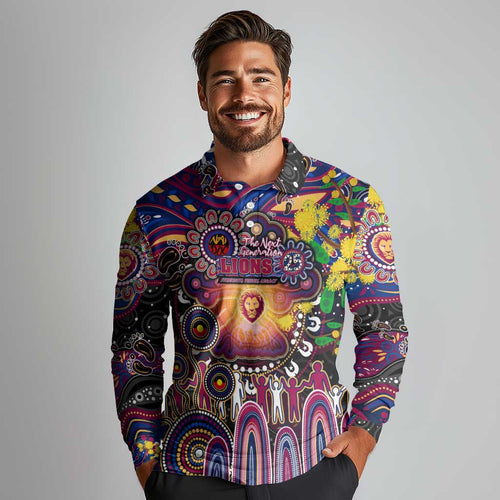Personalised NAIDOC Week 2025 Lions Football Long Sleeve Polo Shirt Aboriginal Dot Painting