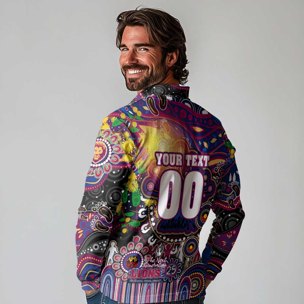 Personalised NAIDOC Week 2025 Lions Football Long Sleeve Polo Shirt Aboriginal Dot Painting
