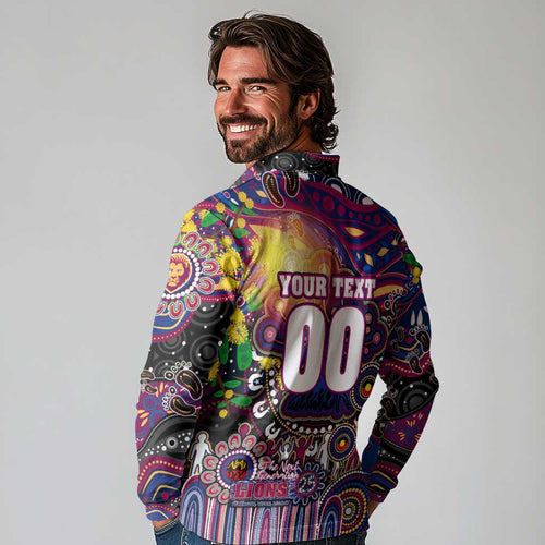 Personalised NAIDOC Week 2025 Lions Football Long Sleeve Polo Shirt Aboriginal Dot Painting