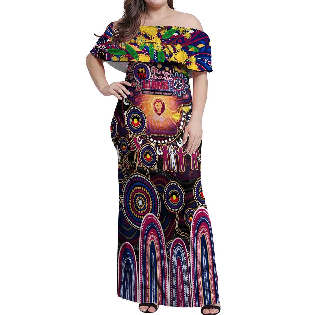 Personalised NAIDOC Week 2025 Lions Football Off Shoulder Maxi Dress Aboriginal Dot Painting