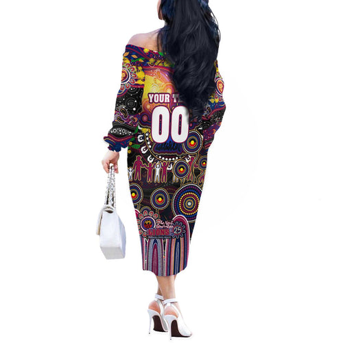Personalised NAIDOC Week 2025 Lions Football Off The Shoulder Long Sleeve Dress Aboriginal Dot Painting