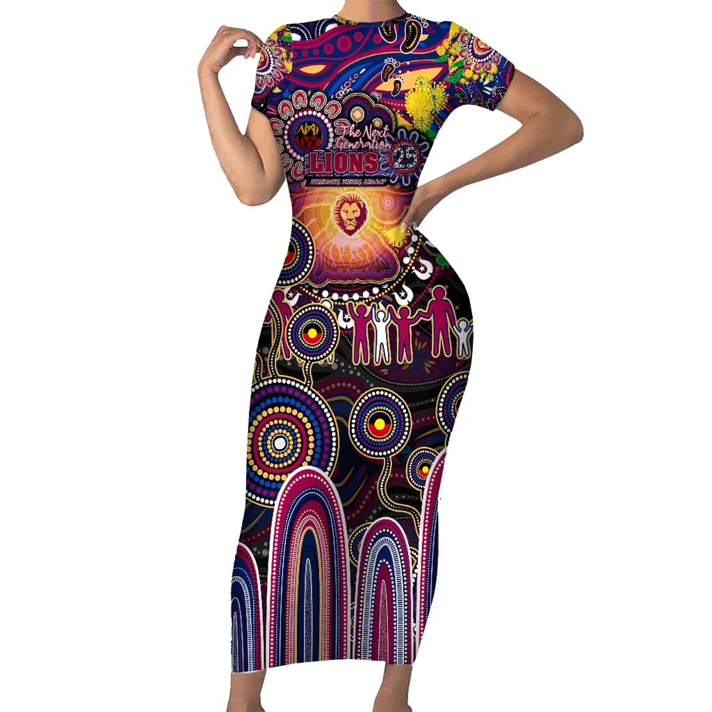Personalised NAIDOC Week 2025 Lions Football Short Sleeve Bodycon Dress Aboriginal Dot Painting