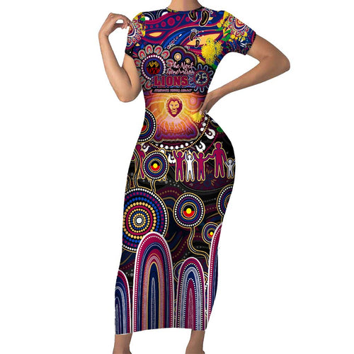 Personalised NAIDOC Week 2025 Lions Football Short Sleeve Bodycon Dress Aboriginal Dot Painting