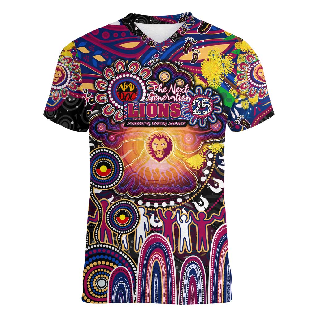 Personalised NAIDOC Week 2025 Lions Football Women V-Neck T-Shirt Aboriginal Dot Painting