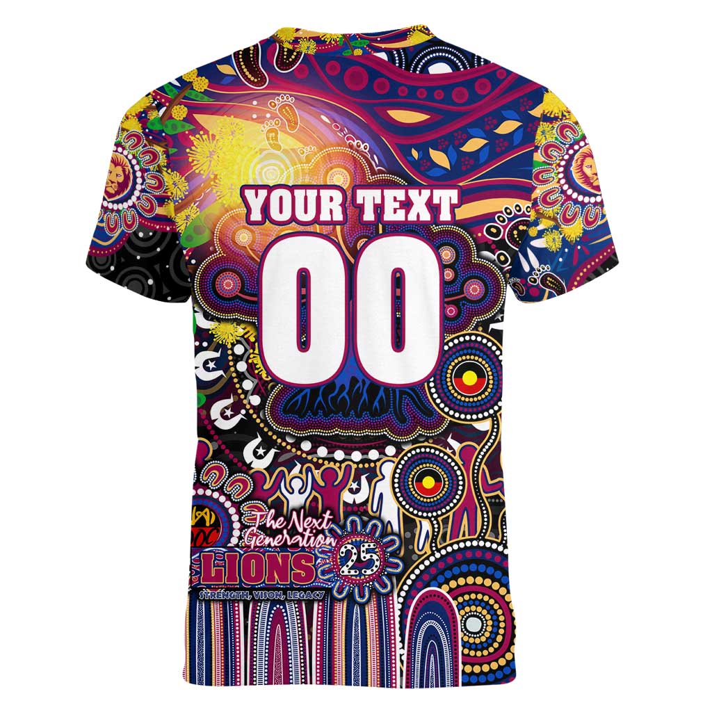 Personalised NAIDOC Week 2025 Lions Football Women V-Neck T-Shirt Aboriginal Dot Painting