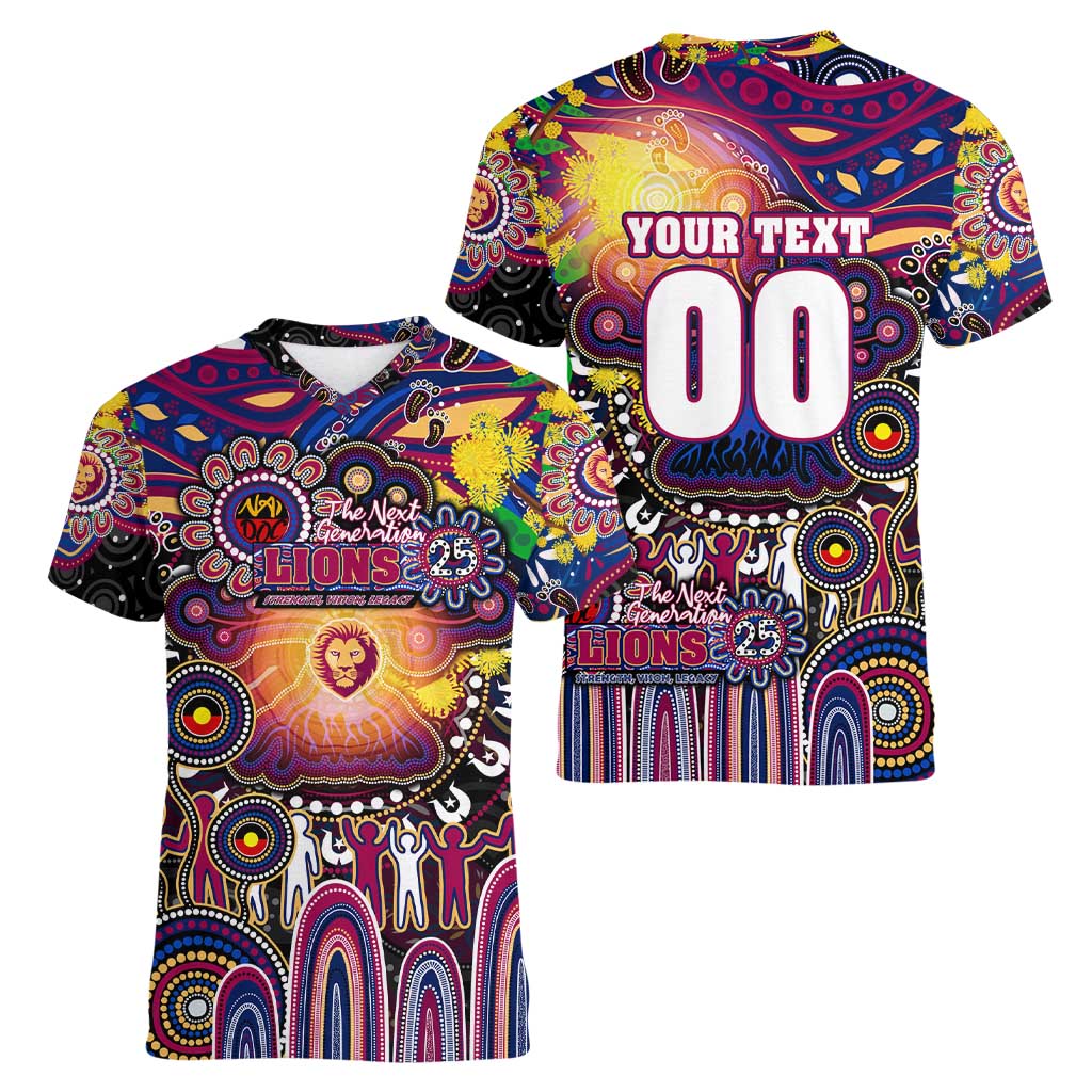 Personalised NAIDOC Week 2025 Lions Football Women V-Neck T-Shirt Aboriginal Dot Painting