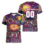 Personalised NAIDOC Week 2025 Lions Football Women V-Neck T-Shirt Aboriginal Dot Painting