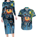 Personalised NAIDOC Week 2025 Blues Football Couples Matching Long Sleeve Bodycon Dress and Hawaiian Shirt Aboriginal Dot Painting